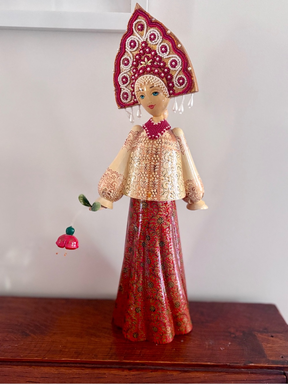 Handcrafted Red and Cream Folk Art Russian Doll  - Signed Tverskoy Uzor